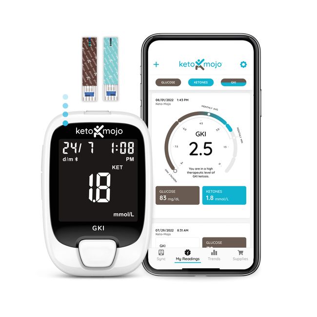 KETO-MOJO GKI Bluetooth Glucose & Ketone Testing Kit (mmol/L) + Free APP for Ketosis & Diabetes Management. 20 Blood Test Strips (10 Each), Meter, 20 Lancets, Lancing Device, and Control Solutions