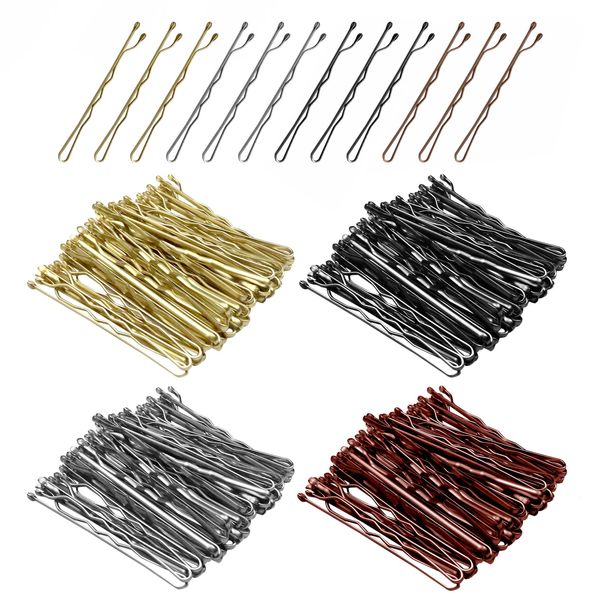 Bobby Pins, Kavya 200 Pcs Metal Hair Pins for Buns, 2" Wave Shape Hair Grips Set for Women Girls and Hair Salon, Kirby Grips with Storage Box(Brown, Gold, Black, Silver)