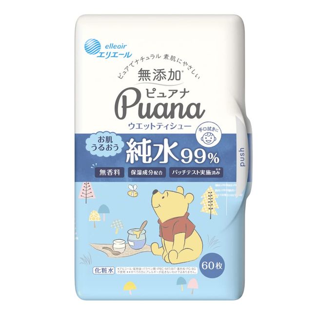 Elleair Puana Wet Tissue, 99% Pure Water, 60 Sheets (Disney Design)