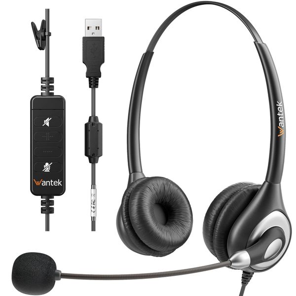 Wantek Headset USB Binaural Headphones with Noise Cancelling Microphone and Online Control Wired PC Headphones for Skype, Web Conferencing, Telecommuting, Commuting, Commuting, Remote Work, Call