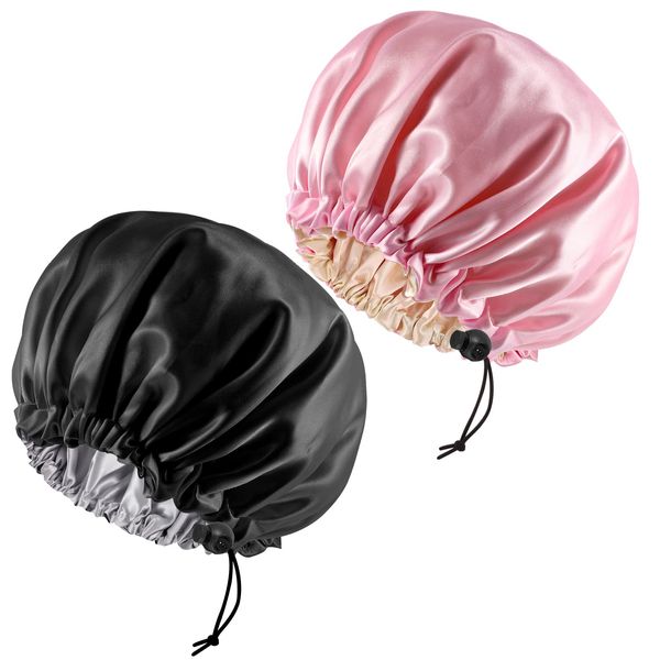 2 Pieces Adjustable Silk Bonnet, 34cm Double Sided Satin Sleep Caps Night Sleep Hat for All Hair Lengths Women Curly Natural Hair Protection Head Cover