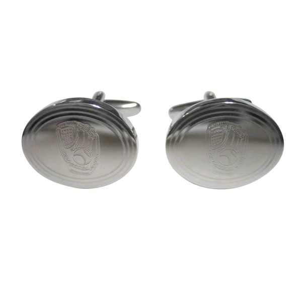 Kiola Designs Silver Toned Etched Oval Baseball Glove Cufflinks