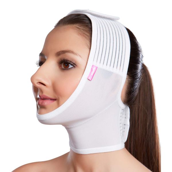 LIPOELASTIC- FM Extra- Post Surgical Chin and Neck Lifting Compression Mask for Women and Men with Velcro Fastener, Jowl Tightening (White, S)