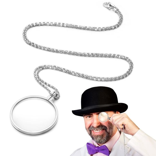 Greoer 5X Gold Monocle, Magnifying Glass Pendant Monocle Eyeglass, Old Man Costume Gentleman Costume for Reading Fancy Dress Party Role Play (Sliver)