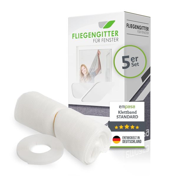 empasa 5er Pack Fliegengitter Fenster Polyester 130 x 150 cm inkl. Klettband individuell kürzbar durchsichtig weiß 5er Set
