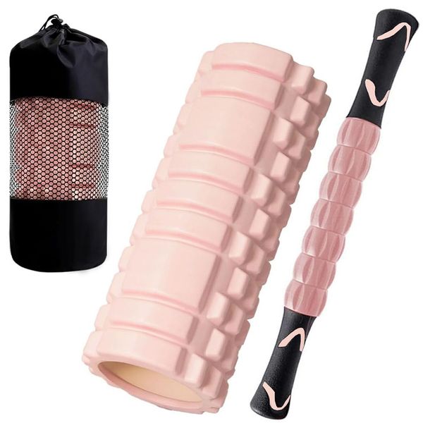 Foam Roller, Myofascial Release, Yoga Pole Set, Stretch Stick, Roller, Short, Half Exercise, Training Equipment, Beginners, Ultra Lightweight, Roller with Storage Bag (Light Pink)