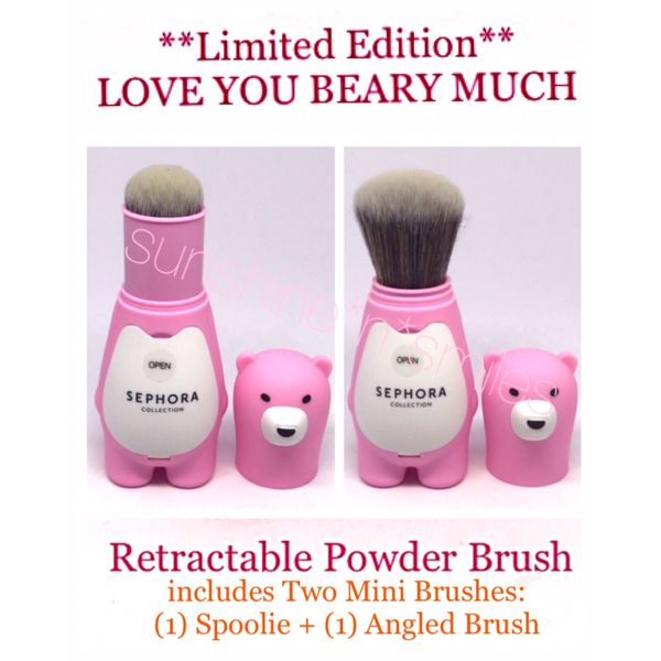 🎁 Sephora PINK BEAR-SHAPED Retractable Powder Brush + Mini Spoolie / Brow Brush