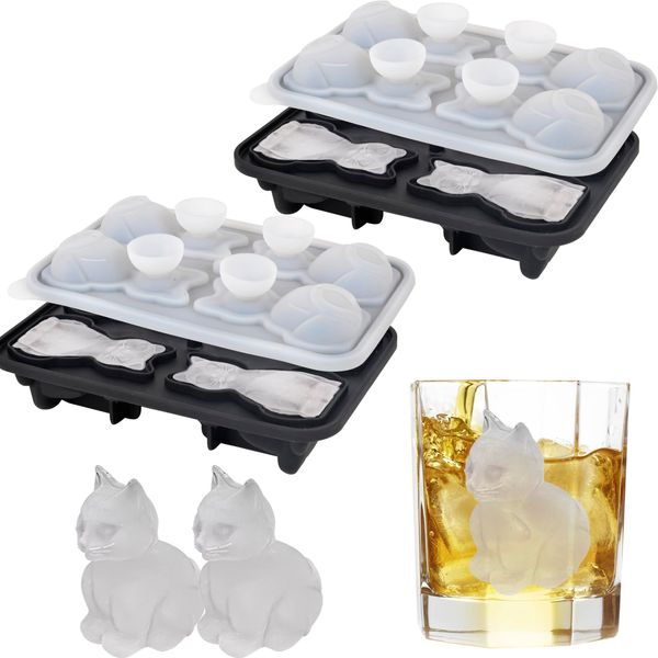 Cat Shaped Ice Cube Mold - 2pcs, 3D Funny Cat Ice Cube Trays for Whiskey Bourbon