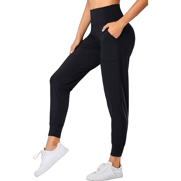 Oalka Women's Joggers High Waist Yoga Pockets Sweatpants Sport Workout Pants Black XXL