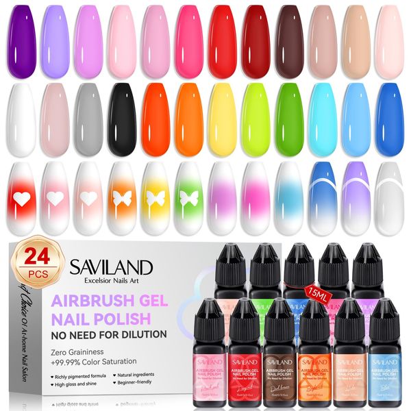 SAVILAND Airbrush Gel Nail Polish: 24 Color Use with Airbrush for Gradients Nails Blush Nails Layered Nail Art Various Pattern Nail Art Without Dilution High Color Saturation for Home Salon Use