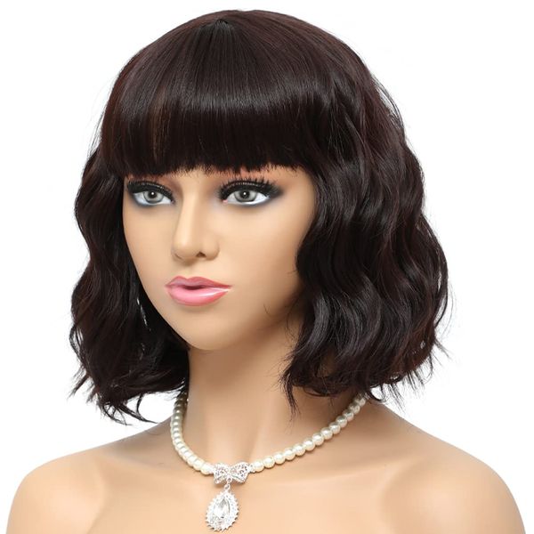 Chocolate Brown Wigs for Women Short Wavy Bob Wig with Bangs Natural Fashion Loose Wave Hair Heat Resistant Fiber Synthetic Wig Shoulder Length Curly Wig Daily Party Cosplay Costume Wig Layered Crimps Curls