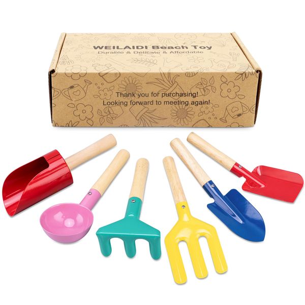 WEILAIDI Beach Toys,6 Pcs Children Beach Sand Toys,8'' Kids Gardening Set Metal Garden Tools with Sturdy Wooden Handle,Safe Kids Shovel with Cylinder, Spoon, Fork, Rake, Flat Shovel & Pointed Shovel