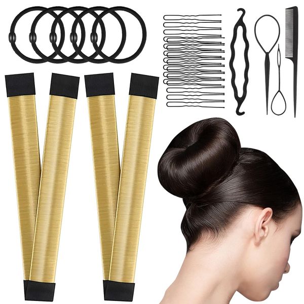 Magic Hair Bun Maker Donut 2 PCS - French Twist Hair Styling Tool Snap Roll, Hair Bun Accessories with 4 Pony hair tools, 5 Elastic Bands and 20 Hair Bobby Pins for Women Girls Kids (Blonde)