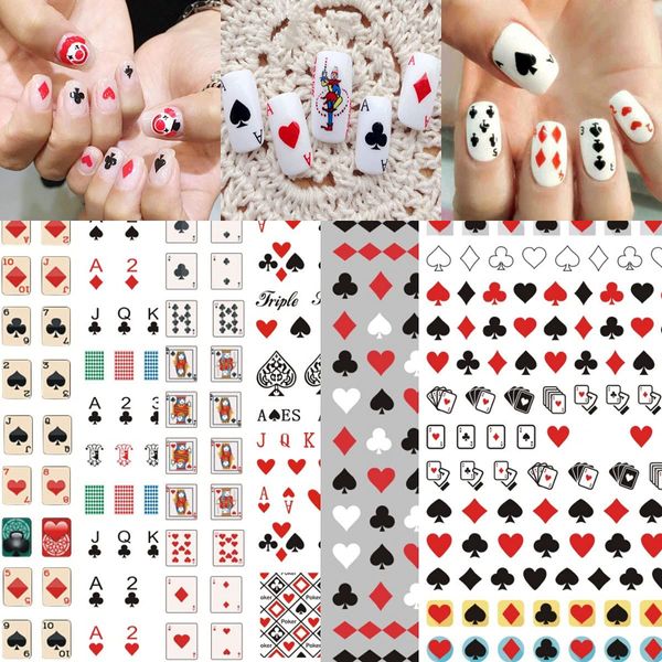 Poker Nail Art Stickers Decals 3D Card Nail Art Supplies Fashion Playing Cards Designer Nail Sticker Red Heart Diamond Spades Geometric Letter Nail Designs Sticker for Acrylic Nails (8 Sheets)