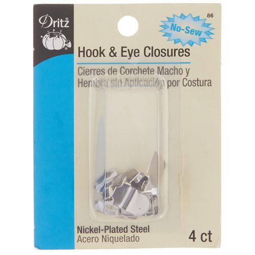 Dritz Closures Hook & Eye, No-Sew, Nickel, 4 Count