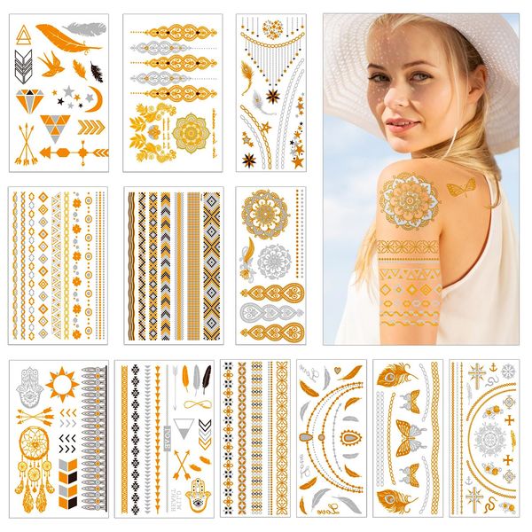 Temporäre Tattoos 150 Boho Tattoos Gold, Tattoos Erwachsene Teenager Mädchen, Klebetattoos Goldene Silber, Flash Festival Accessoires Damen, Party Gadgets Erwachsene, Frauen Geschenke zum Geburtstag