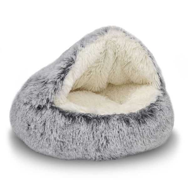 ShinHye Cat Bed Round Plush Fluffy Hooded Cat Bed Cave, Cozy for Indoor Cats or Small Dog beds, Soothing Pet Beds Doughnut Calm Anti-nxiety Dog Bed - Waterproof Bottom Washable (20×20inch, Grey)