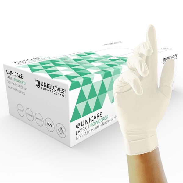 Unigloves Unicare Latex GS0023 Single Use - Multipurpose, Lightly Powdered Disposable Gloves, Box of 100 Gloves, Natural, Medium, White