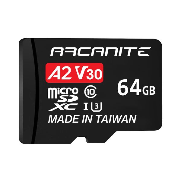 ARCANITE 64GB MicroSDXC Memory Card with Adapter - A2, UHS-I U3, V30, 4K, C10, Micro SD, Optimal Read Speeds Up to 95 MB/s, 64 GB