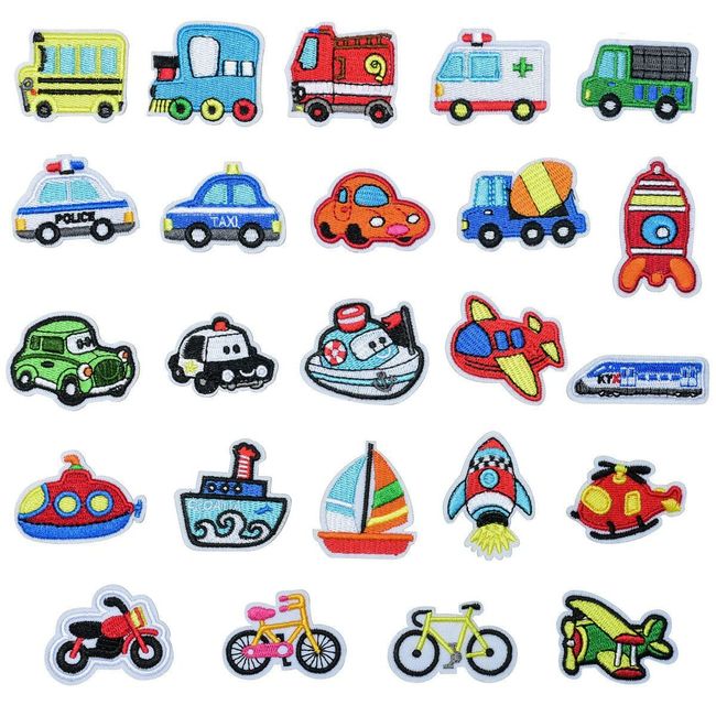 YFFSFDC Vehicle Patches, Set of 24, Embroidery Patches, For Cars, Boats, Rockets, Motorcycles, Bicycles, Airplanes, Applique Patches, Ironing Repair, DIY, Boys, Children, Kindergarten, Nursery, Celebration Gift