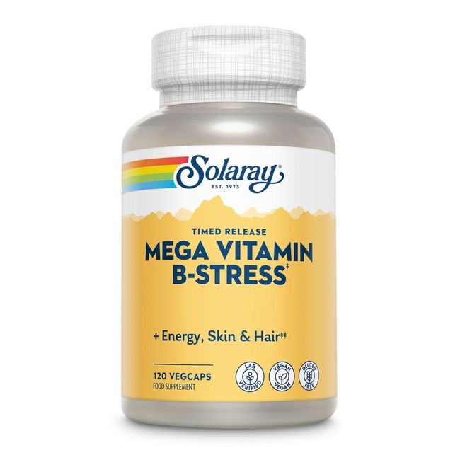 Solaray Timed Release Mega Vitamin B-Stress - Energy,Skin, Hair - Lab Verified - Vegan - Gluten Free 120 VegCaps