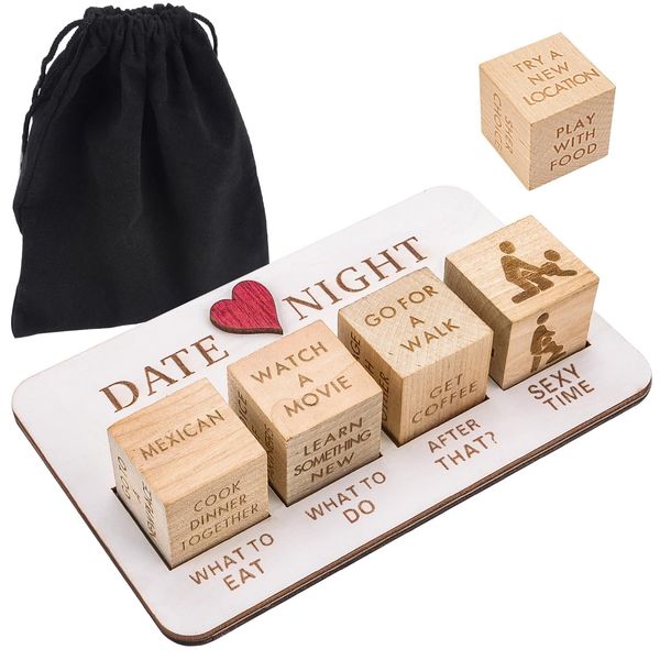 Date Night Dice for Couples, Romantic What to Do Date Night Couples Games with Pouch Storage, Reusable Wooden Dice Set Anniversary Wooden Gifts for for Couples Valentine Day Birthday Wedding