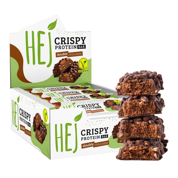 HEJ Vegan Crispy Double Chocolate | High Protein Riegel, zuckerarm nur 0,1 g Zucker | schokoladiger, knuspriger Eiweißriegel, palmölfrei, Low Sugar Snack Bar | 12 Proteinriegel x 45 g