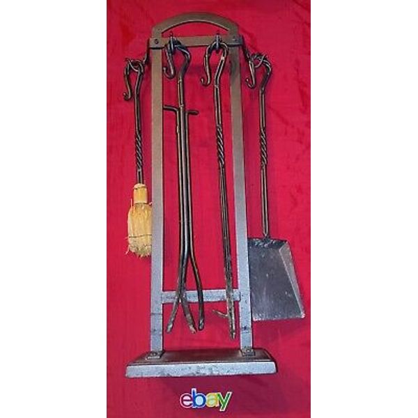 5 PC Vintage 90's Heavy WROUGHT Iron Twisted BRAIDED ROPE Fireplace Tools STAND