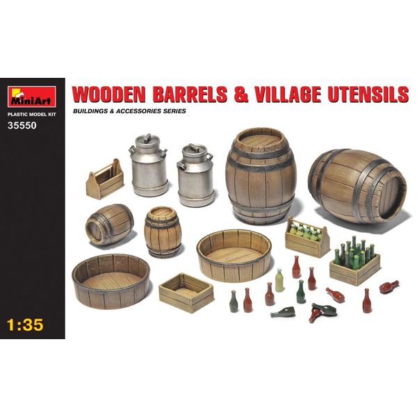 MiniArt 1:35 Scale Wooden Barrels & Village Utensils Plastic Model Kit,Multicolor,Small