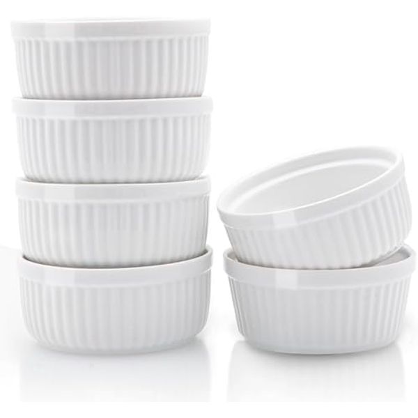 Nuwave Ceramic Ramekins 8 oz, Set of 6, Elegant Classic Style for Baking Souffles, Creme Brulées, Custards, Puddings, 4.3” Wide & 2” Tall, Microwave, Oven & Dishwasher-Safe, Ivory White