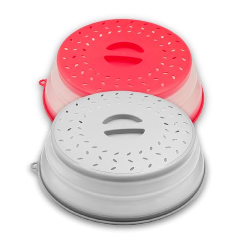Microwave Splatter Cover 10.5” - Foldable Silicone Microwave Cover for Food Splatter Covers the Dish and Plate - Durable Microwave Food Cover Lid With Vents for Microwave Oven Plate Cover (Grey + Red)