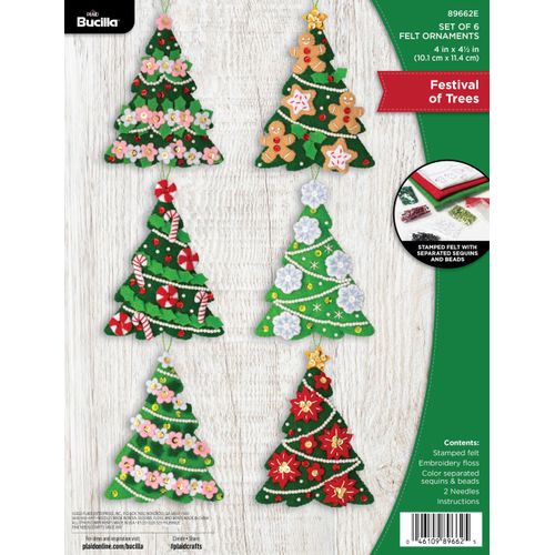 Bucilla, Festival of Trees, Felt Applique 6 Piece Ornament Making Kit, Perfect for DIY Arts and Crafts Projects, 89662E