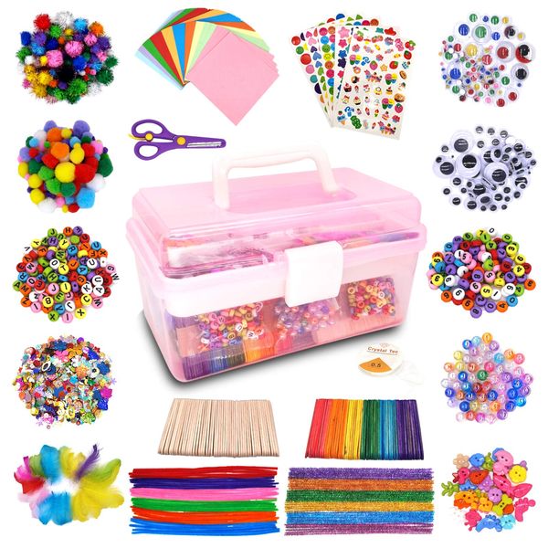 obqo 1800+ Pcs Kids Craft Box Kit, Toddler Arts and Crafts for Kids includes Pom Poms, Pipe Cleaners, Feather, Folding Craft Box - All in One for Kids Toddler DIY Craft Set (Pink)