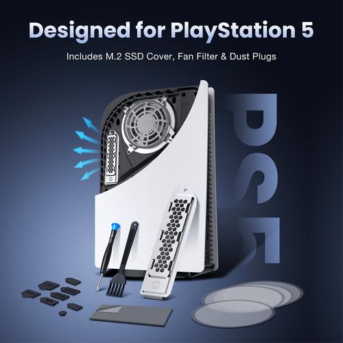 GRAUGEAR Cooling & Dust Protection Upgrade for PS5 Original, PS5 M.2 SSD Heatsink Cover with Fan Dust Filter and Port Plugs, Prevent Overheating and Dust Buildup (PS5)
