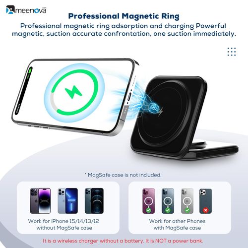 Meenova Foldable 3 in 1 Wireless Charger Compatible with MagSafe, Apple iPhone 15 14 13 12, Watch, AirPods, Lightweight Portable,Strong Magnetic Attraction Suitable for Outdoor Offices, etc. (Black)