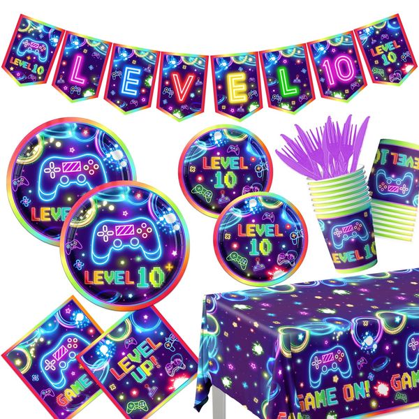 142pcs 10th Video Game Birthday Decorations for Boys Purple 10th Birthday Party Supplies Tableware 10th Video On Plates Napkins Banner Tablecloth Cups 10 Year Old Gamer Party Supplies