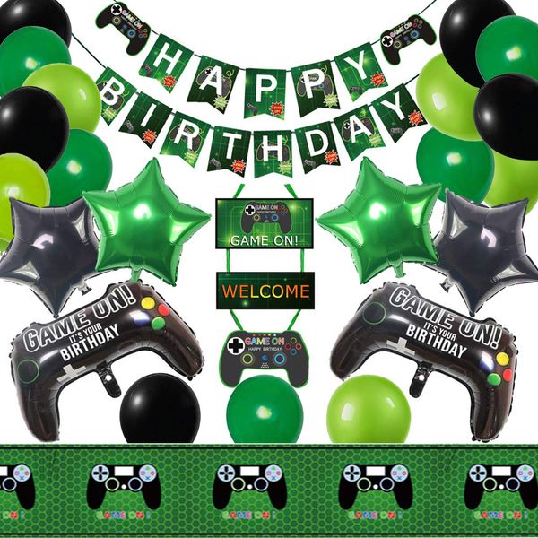 Video Game Party Supplies for Boys and Girls Happy Birthday Gaming Banner Game On Welcome Hanging Decor Game Party Balloons Game Table Covers Gaming Birthday Decorations