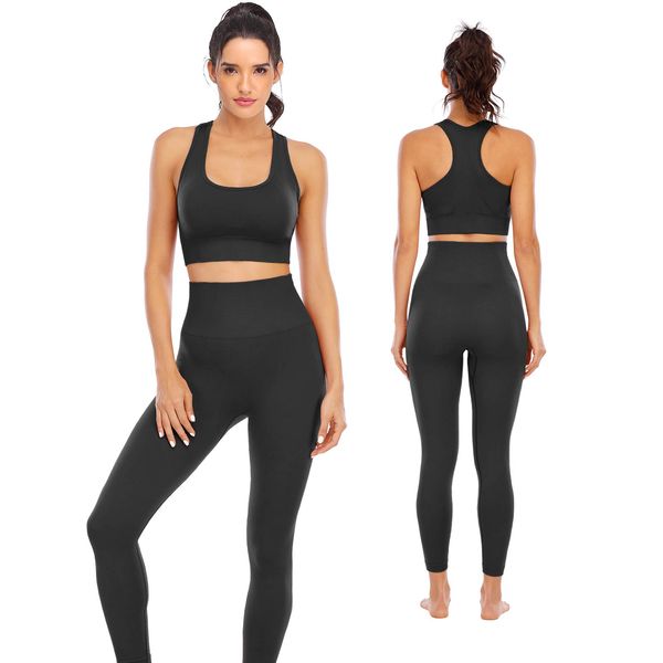 NOVA ACTIVE Workout Sets for Women 2 Piece High Waisted Seamless Leggings with Padded Stretchy Sports Bra Sets Yoga Outfit Jogging Gym Clothes(NA007M- Black)