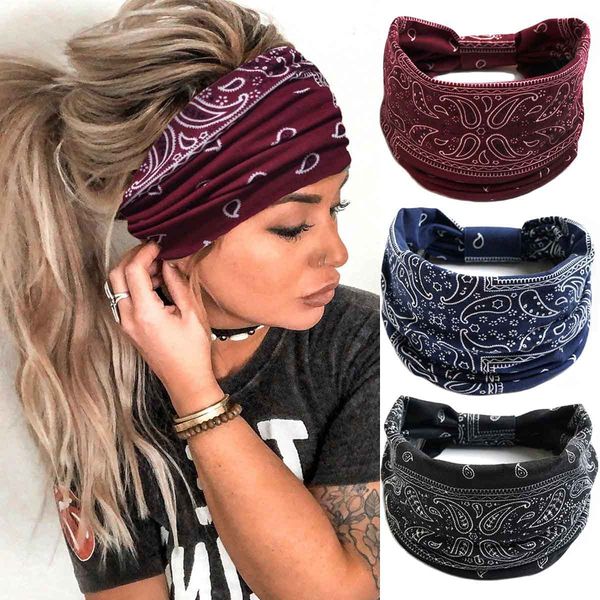 Bufenia Boho Breite Stirnbänder für Frauen Knoted Stirnband Turban Haarband Elastic Yoga Hair Scarf Flower Headwrap,Pack of 3 (B Floral)