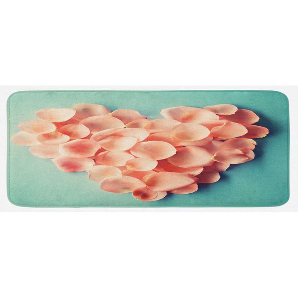 Lunarable Coral Kitchen Mat, Heart Shaped Floral Petals Valentines Mothers and Wedding Day Still Life, Plush Decorative Kitchen Mat with Non Slip Backing, 47" X 19", Peach Mint