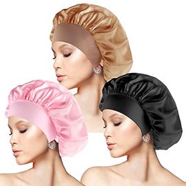 3 Pack Satin Bonnet, Night Sleep Caps with Wide Elastic Band, Silk Hair  Wrap for Sleeping, Soft Sleeping Head Cover Sleeping Hat for Women and  Girls