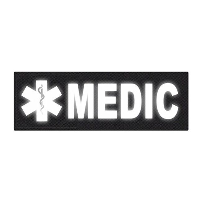 TACTICAL IDENTIFICATION PATCHES Medic Patch - Star of Life - 6x2 - Reflective White Lettering - Black Backing - Hook Fabric