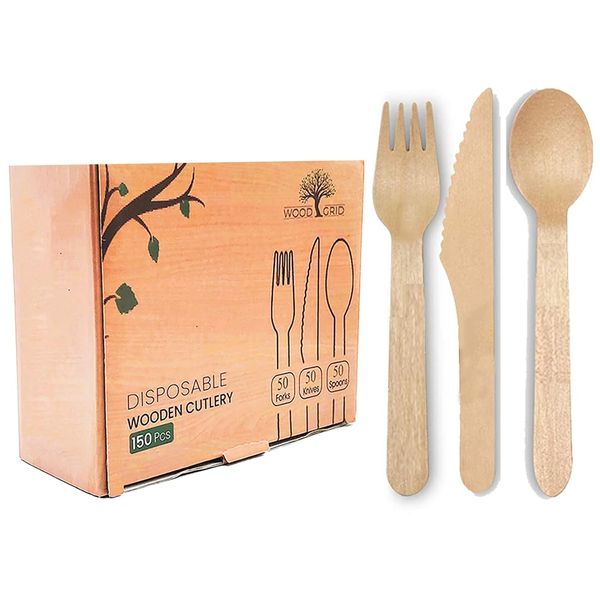 WoodGrid 150pcs Disposable Cutlery Set - 6.29 inches 50x Wooden Spoons, 50x Wooden Forks & 50x Wooden Knives Reusable, & Biodegradable Travel Cutlery Set for Kids, Parties, Camping, Weddings & Picnic