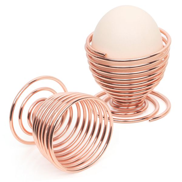 TRIXES 2 x Rose Gold Egg Cups - Spiral Spring Steel Metal Wire Boiled Egg Holder Set - Rose Gold Kitchen Accessories - Lightweight Modern Chrome Design