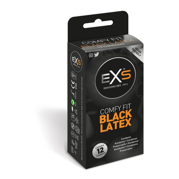 EXS Condoms Black Latex Condoms, 12 Count (Pack of 1), Odorless, Coloured, Vegan, Extra Black Fantasy Condoms