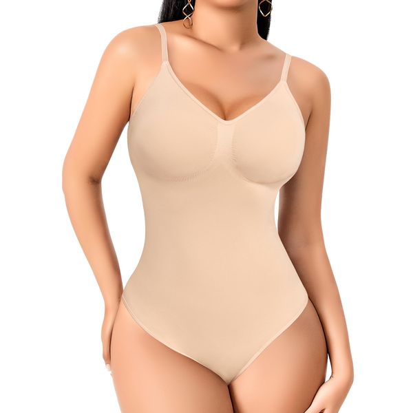 YARRCO Shapewear Damen Body Shaper Bauchweg Shaping Bodysuits Tanga Figurformende Unterwäsche String Miederbody Miederslip (Beige, S)