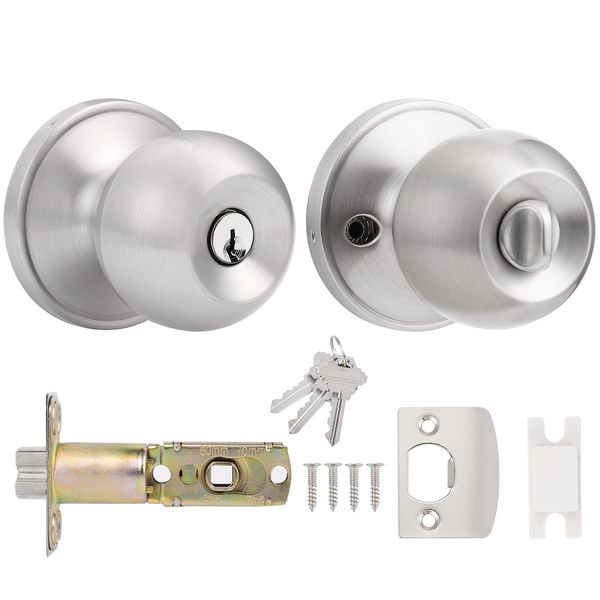 Probrico Satin Nickel Door Knobs, Door Lock with Key, Door Knobs for Entry Doors, Stainless Steel Round Exterior Door Locks Set Door Konb Entrance Key Locker Satin Nickel