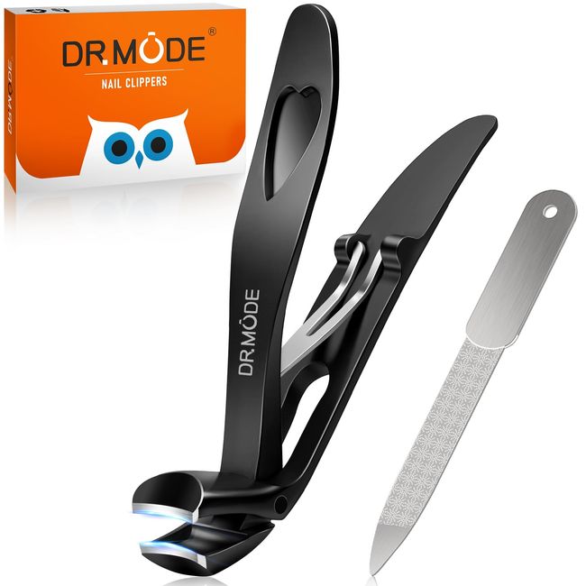 Angled Head Nail Clippers for Thick Nails - DRMODE Ergonomic Toe Nail Clippers for Thick Nails with Wide Opening, Premium Steel Large Toenail Clippers Cutter for Men Seniors Women with Catcher Black