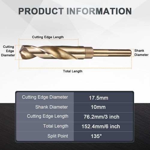 uxcell 17.5mm Drill Bit 10mm Reduced Shank 3-Flat M2 High-Speed Steel Twist Gold Finish 135° Drill for Hard Metal Stainless Steel