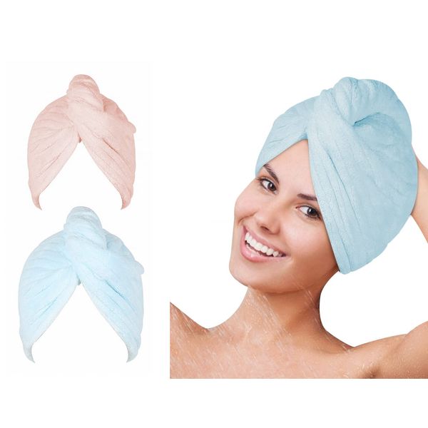 SYMGLIA Microfiber Hair Towel Wrap, Hair Turbans for Wet Hair, Drying Hair Wrap Towels for Curly Hair Women Anti Frizz 2 Pack (Blue/Pink)